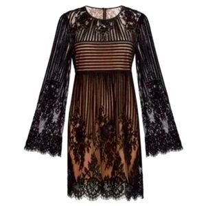 BCBG Luann black lace dress. nude lining scalloped hem and sleeves